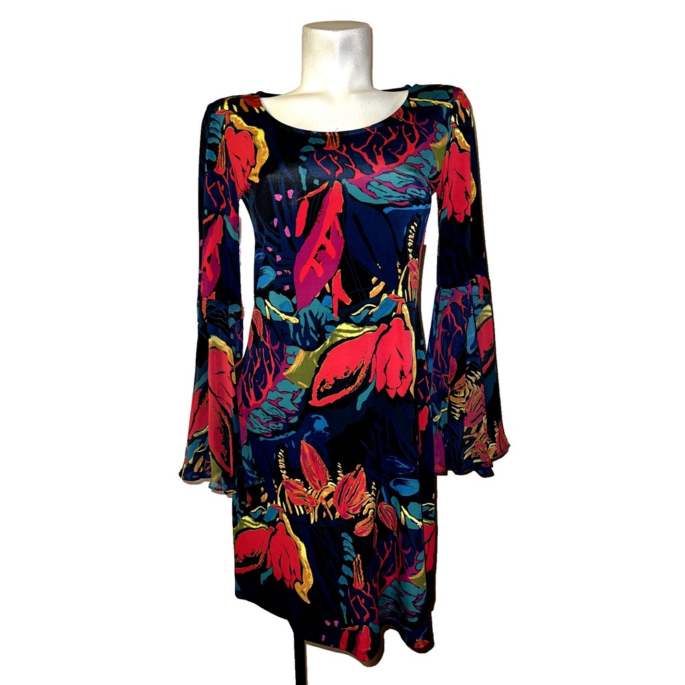Prelude Floral Print Bell Sleeve Cocktail‎ Party Dress Blue Red Yellow Women's S